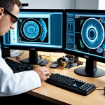 **A cluttered digital forensics lab. A forensic analyst is meticulously examining a disassembled hard drive under a magnifying glass, with various tools and software interfaces displayed on multiple monitors. Focus on the intricate details and the sense of intense focus.**