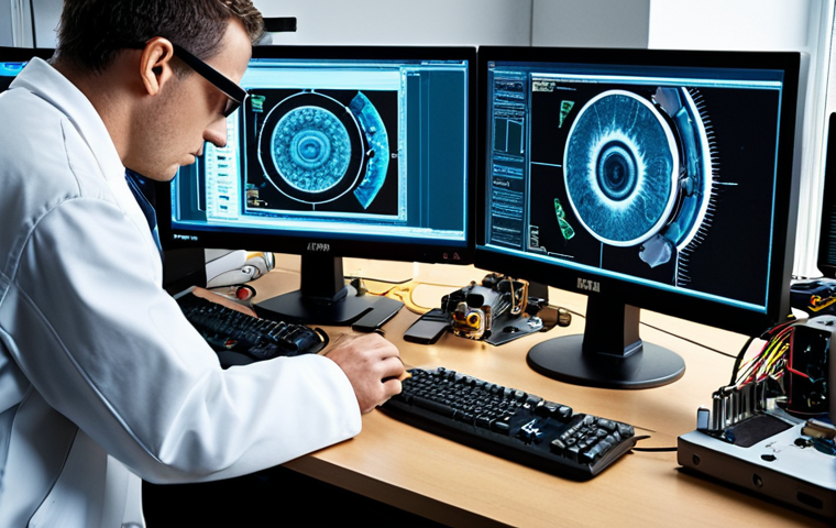 **A cluttered digital forensics lab. A forensic analyst is meticulously examining a disassembled hard drive under a magnifying glass, with various tools and software interfaces displayed on multiple monitors. Focus on the intricate details and the sense of intense focus.**