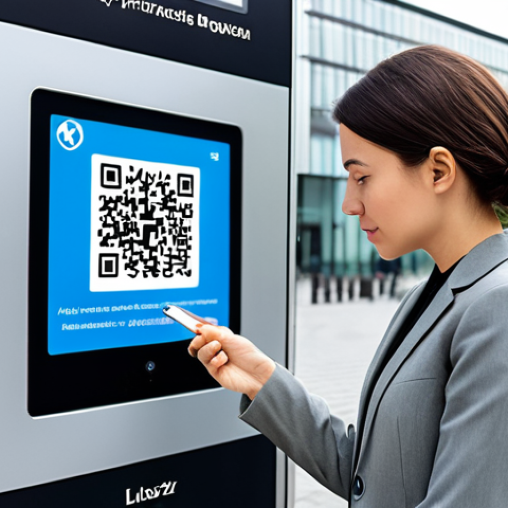 A professional woman in a modest business blazer and smart trousers, holding a smartphone and carefully examining a public QR code displayed on a clean, modern digital information panel in a brightly lit urban setting. Her expression is thoughtful and discerning, emphasizing vigilance and safe digital practices. Perfect anatomy, natural pose, correct proportions, well-formed hands, proper finger count. Fully clothed, appropriate attire, modest clothing, professional dress, safe for work, appropriate content, family-friendly.