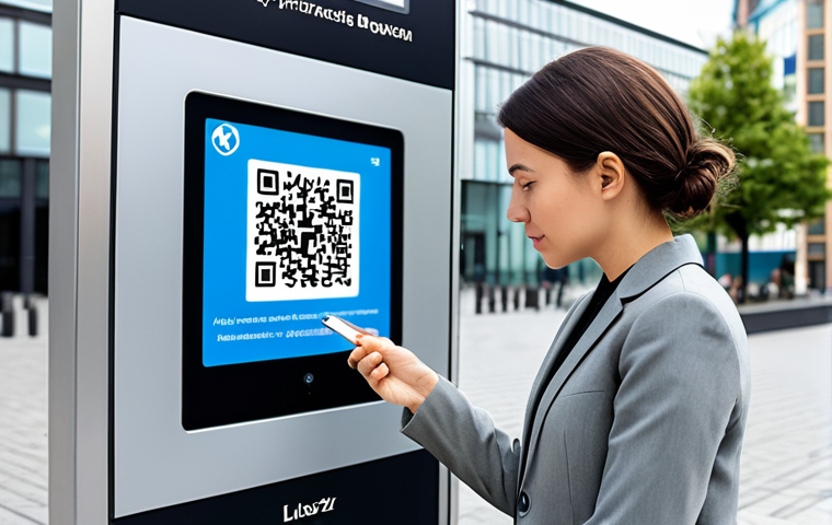A professional woman in a modest business blazer and smart trousers, holding a smartphone and carefully examining a public QR code displayed on a clean, modern digital information panel in a brightly lit urban setting. Her expression is thoughtful and discerning, emphasizing vigilance and safe digital practices. Perfect anatomy, natural pose, correct proportions, well-formed hands, proper finger count. Fully clothed, appropriate attire, modest clothing, professional dress, safe for work, appropriate content, family-friendly.