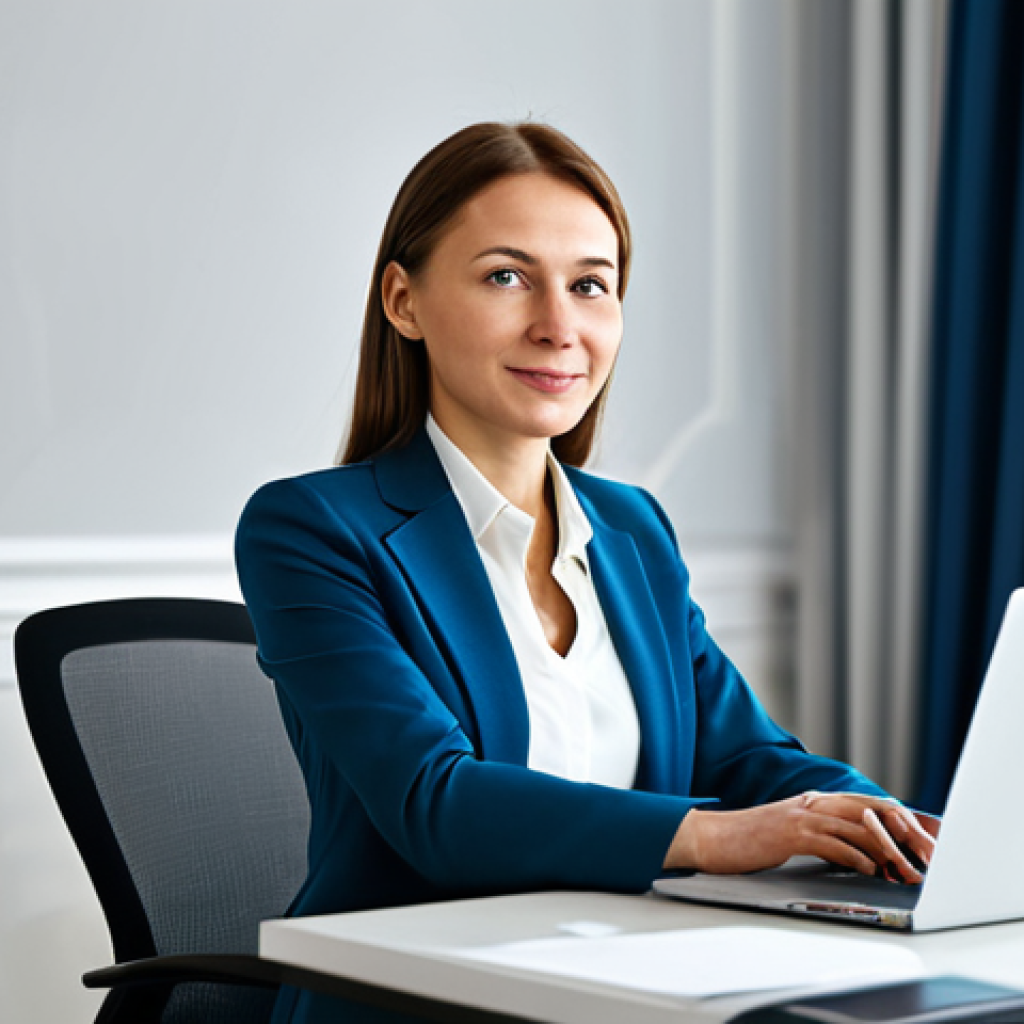 **

"A professional woman, mid-30s, wearing a modest business suit in a well-lit, modern Moscow office. She is sitting at a clean desk with a laptop. The background is blurred, showing other office workers in the distance.  Fully clothed, appropriate attire, safe for work, perfect anatomy, correct proportions, natural pose, professional photography, high quality, family-friendly."

**