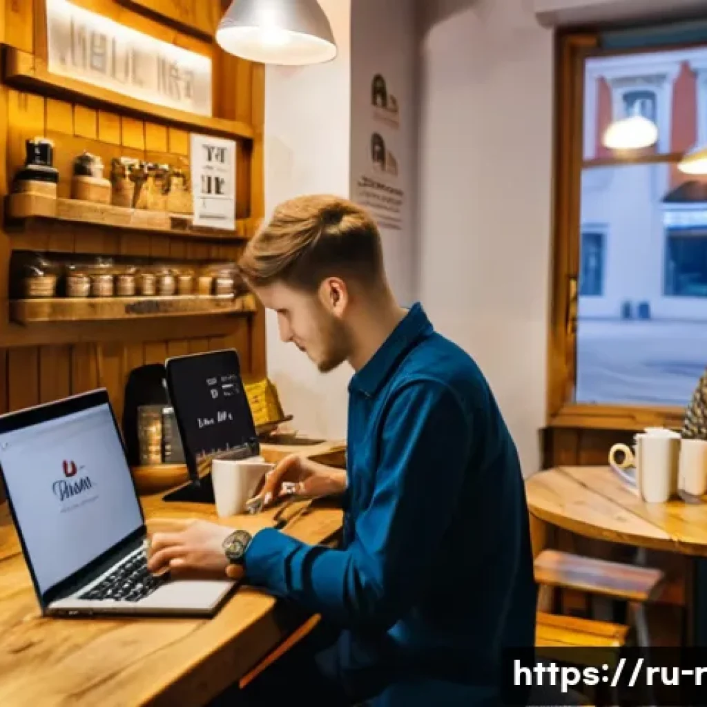 공공 Wi Fi 사용 시 보안 수칙 - A cozy Russian café interior during daytime with a young adult man sitting at a wooden table, carefu...