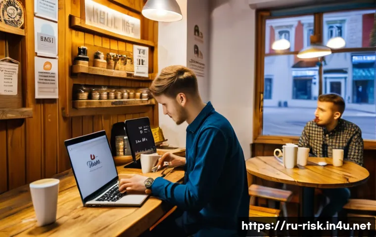 공공 Wi Fi 사용 시 보안 수칙 - A cozy Russian café interior during daytime with a young adult man sitting at a wooden table, carefu...