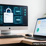 Home 22 디지털 자산 보안 강화 전략 - A modern cybersecurity workspace scene featuring a diverse Russian IT professional sitting at a desk...