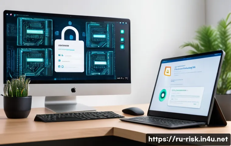 디지털 자산 보안 강화 전략 - A modern cybersecurity workspace scene featuring a diverse Russian IT professional sitting at a desk...
