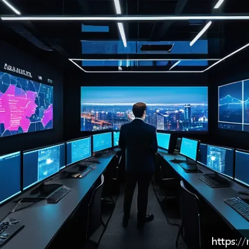 Home 33 AI 기반 보안 솔루션 비교 - A futuristic cybersecurity control room in a modern Russian office, showing diverse IT specialists m...