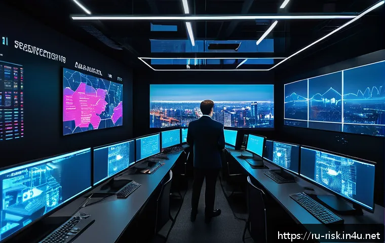 AI 기반 보안 솔루션 비교 - A futuristic cybersecurity control room in a modern Russian office, showing diverse IT specialists m...