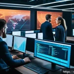 Home 19 보안 취약점 자동 탐지 도구 소개 - A futuristic software development workspace showing a diverse team of Russian engineers collaboratin...