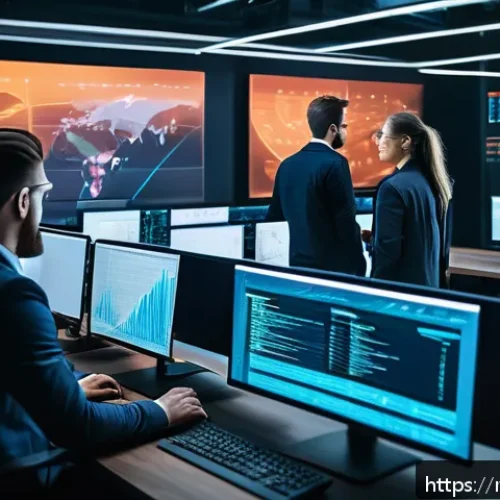 Home 31 보안 취약점 자동 탐지 도구 소개 - A futuristic software development workspace showing a diverse team of Russian engineers collaboratin...