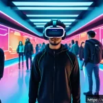 Home 18 메타버스 보안 위협 및 해결책 - A futuristic virtual reality scene depicting a diverse group of users in a bustling metaverse enviro...