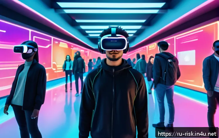 메타버스 보안 위협 및 해결책 - A futuristic virtual reality scene depicting a diverse group of users in a bustling metaverse enviro...