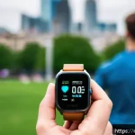 Home 23 웨어러블 기기 보안 문제 - A modern fitness tracker worn on the wrist of a young adult, showing biometric data like heart rate ...
