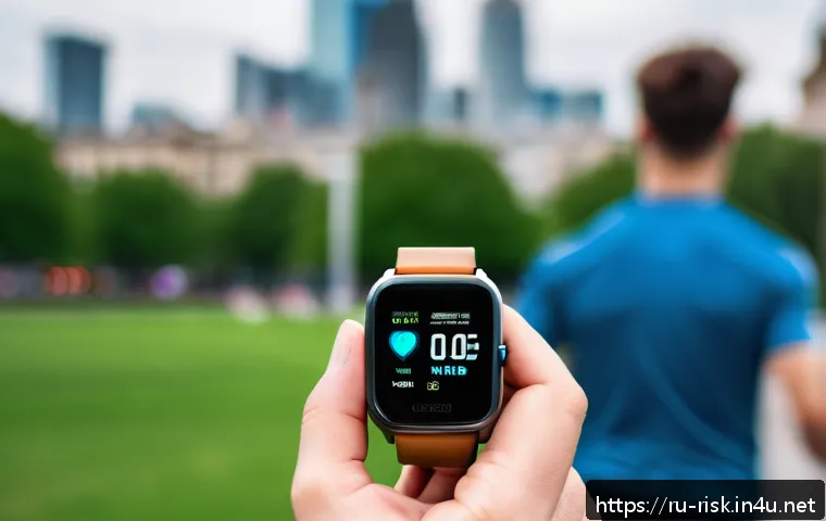 웨어러블 기기 보안 문제 - A modern fitness tracker worn on the wrist of a young adult, showing biometric data like heart rate ...