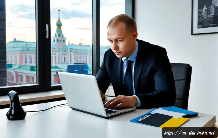 클라우드 스토리지 보안 설정 - Photorealistic modern Moscow home office, a Russian professional in casual business attire reviewing...