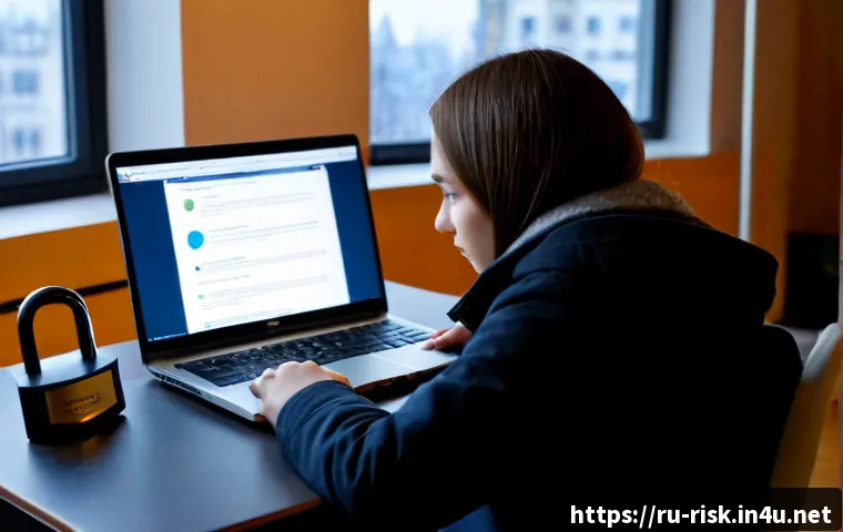 Home 17 VPN 사용 시 주의할 점 - Photorealistic home office scene in Moscow, a cautious Russian adult seated at a tidy desk using a l...